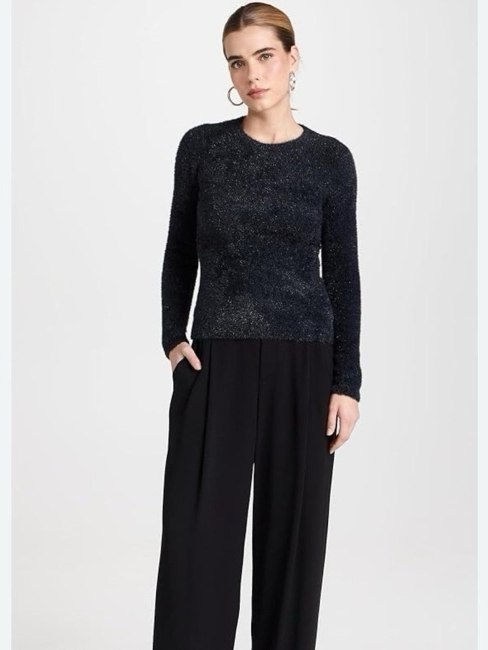 Vince Women’s Metallic Lurex Soft Eyelash Pullover Obsidian Black Sweater MEDIUM - Picture 5 of 12
